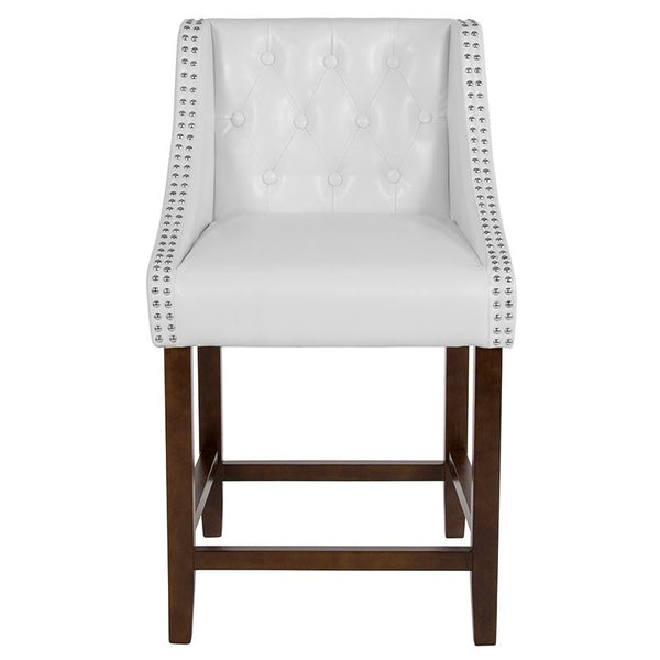 Flash Furniture Carmel Series 24" High Transitional Tufted Walnut Counter Height Stool with Accent Nail Trim in White Leather - CH-182020-T-24-WH-GG