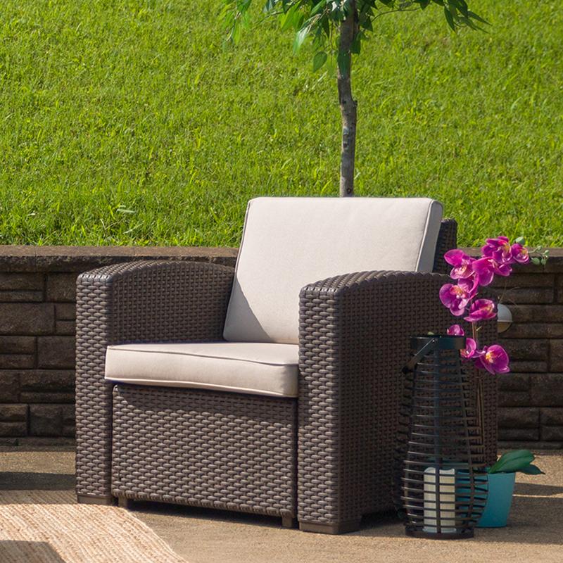 Flash Furniture Chocolate Brown Faux Rattan Chair with All-Weather Beige Cushion - DAD-SF1-1-GG