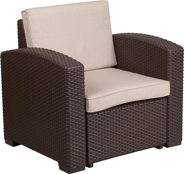 Flash Furniture Chocolate Brown Faux Rattan Chair with All-Weather Beige Cushion - DAD-SF1-1-GG