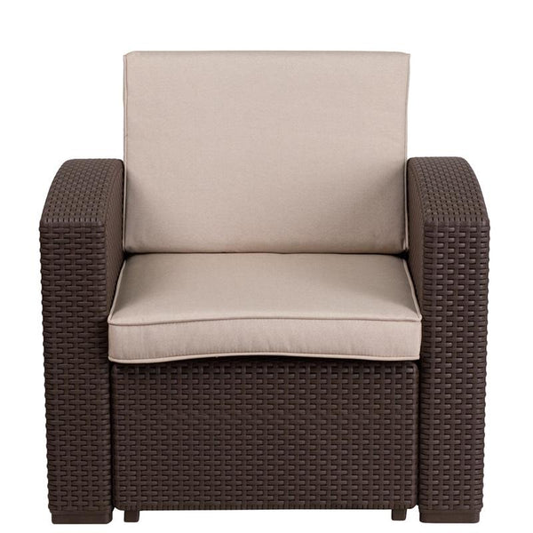 Flash Furniture Chocolate Brown Faux Rattan Chair with All-Weather Beige Cushion - DAD-SF1-1-GG