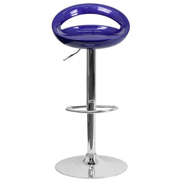 Flash Furniture Contemporary Blue Plastic Adjustable Height Barstool with Rounded Cutout Back and Chrome Base - CH-TC3-1062-BL-GG