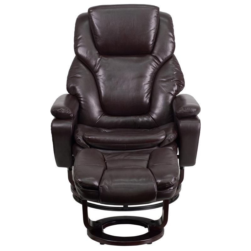 Flash Furniture Contemporary Brown Leather Recliner and Ottoman with Swiveling Mahogany Wood Base - BT-70222-BRN-FLAIR-GG