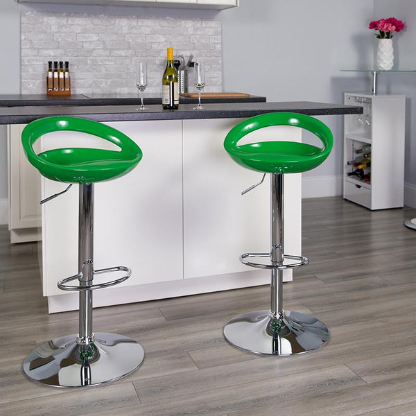 Flash Furniture Contemporary Green Plastic Adjustable Height Barstool with Rounded Cutout Back and Chrome Base - CH-TC3-1062-GN-GG