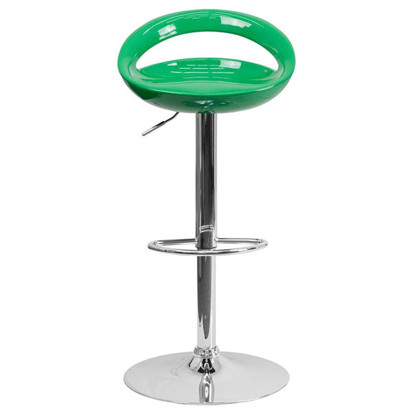 Flash Furniture Contemporary Green Plastic Adjustable Height Barstool with Rounded Cutout Back and Chrome Base - CH-TC3-1062-GN-GG