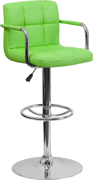 Flash Furniture Contemporary Green Quilted Vinyl Adjustable Height Barstool with Arms and Chrome Base - CH-102029-GRN-GG