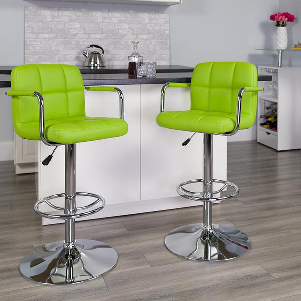Flash Furniture Contemporary Green Quilted Vinyl Adjustable Height Barstool with Arms and Chrome Base - CH-102029-GRN-GG