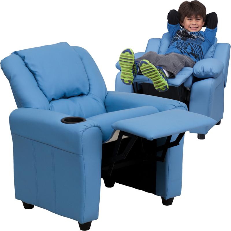 Flash Furniture Contemporary Light Blue Vinyl Kids Recliner with Cup Holder and Headrest - DG-ULT-KID-LTBLUE-GG