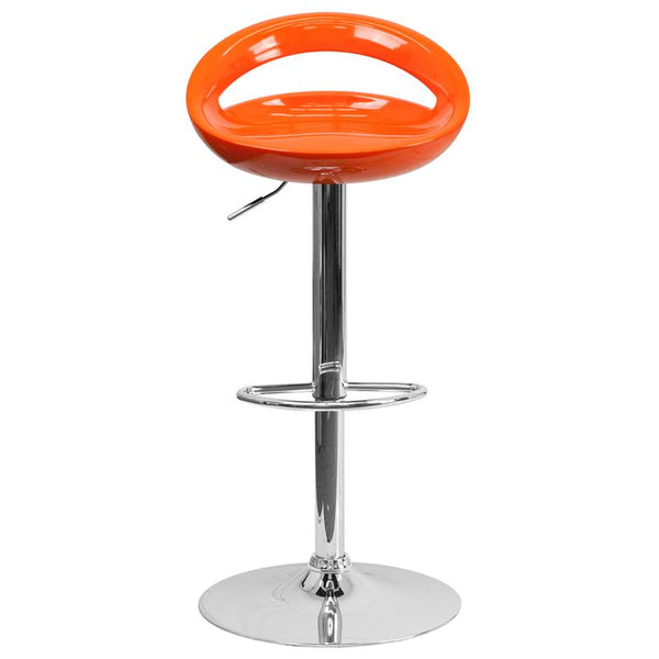 Flash Furniture Contemporary Orange Plastic Adjustable Height Barstool with Rounded Cutout Back and Chrome Base - CH-TC3-1062-ORG-GG