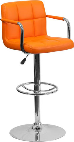 Flash Furniture Contemporary Orange Quilted Vinyl Adjustable Height Barstool with Arms and Chrome Base - CH-102029-ORG-GG