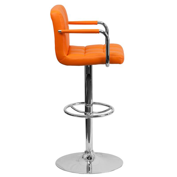 Flash Furniture Contemporary Orange Quilted Vinyl Adjustable Height Barstool with Arms and Chrome Base - CH-102029-ORG-GG