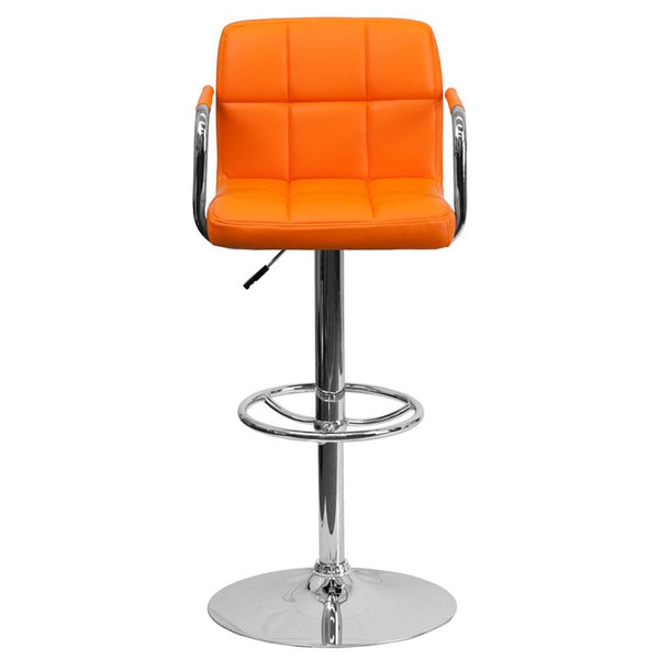 Flash Furniture Contemporary Orange Quilted Vinyl Adjustable Height Barstool with Arms and Chrome Base - CH-102029-ORG-GG