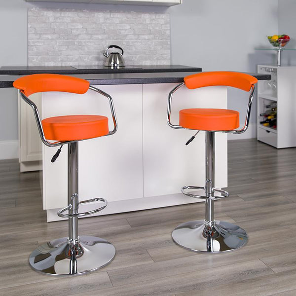 Flash Furniture Contemporary Orange Vinyl Adjustable Height Barstool with Arms and Chrome Base - CH-TC3-1060-ORG-GG