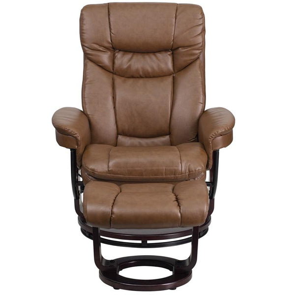 Flash Furniture Contemporary Palimino Leather Recliner and Curved Ottoman with Swiveling Mahogany Wood Base - BT-7821-PALIMINO-GG