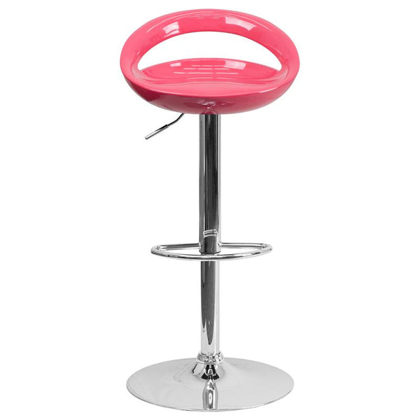 Flash Furniture Contemporary Pink Plastic Adjustable Height Barstool with Rounded Cutout Back and Chrome Base - CH-TC3-1062-PK-GG