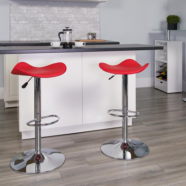 Flash Furniture Contemporary Red Vinyl Adjustable Height Barstool with Wavy Seat and Chrome Base - CH-TC3-1002-RED-GG