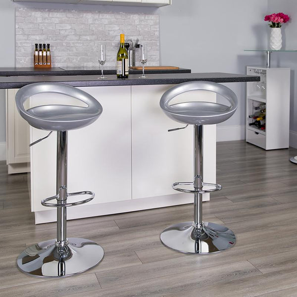 Flash Furniture Contemporary Silver Plastic Adjustable Height Barstool with Rounded Cutout Back and Chrome Base - CH-TC3-1062-SIL-GG