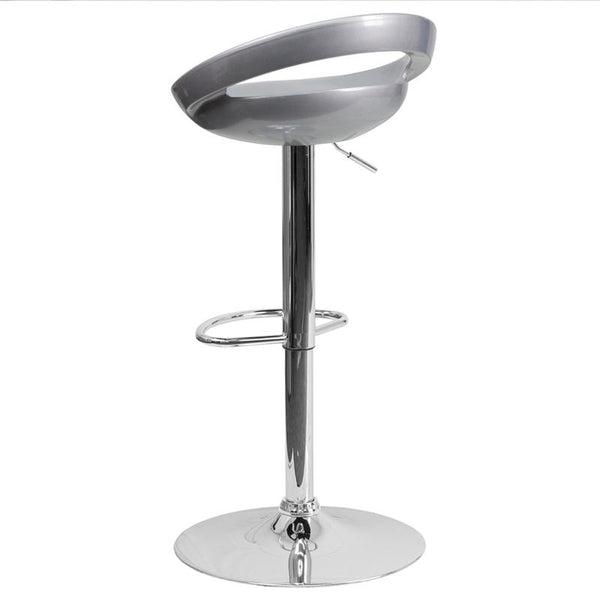 Flash Furniture Contemporary Silver Plastic Adjustable Height Barstool with Rounded Cutout Back and Chrome Base - CH-TC3-1062-SIL-GG