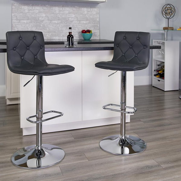 Flash Furniture Contemporary Tufted Gray Vinyl Adjustable Height Barstool with Chrome Base - CH-112080-GY-GG