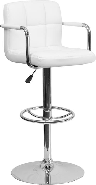 Flash Furniture Contemporary White Quilted Vinyl Adjustable Height Barstool with Arms and Chrome Base - CH-102029-WH-GG