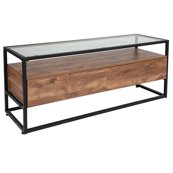 Flash Furniture Cumberland Collection Glass Coffee Table with Two Drawers and Shelf in Rustic Wood Grain Finish - NAN-JN-28102C-GG