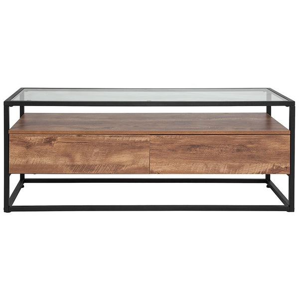 Flash Furniture Cumberland Collection Glass Coffee Table with Two Drawers and Shelf in Rustic Wood Grain Finish - NAN-JN-28102C-GG