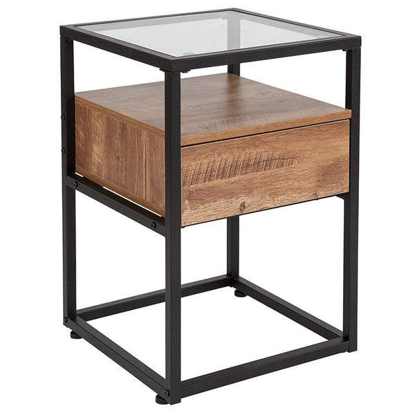 Flash Furniture Cumberland Collection Glass End Table with Drawer and Shelf in Rustic Wood Grain Finish - NAN-JN-28102E-GG