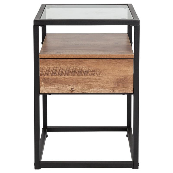 Flash Furniture Cumberland Collection Glass End Table with Drawer and Shelf in Rustic Wood Grain Finish - NAN-JN-28102E-GG