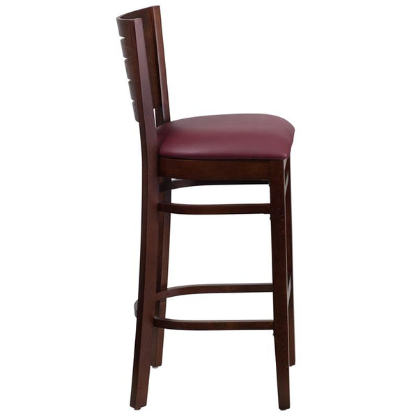 Flash Furniture Darby Series Slat Back Walnut Wood Restaurant Barstool - Burgundy Vinyl Seat - XU-DG-W0108BBAR-WAL-BURV-GG