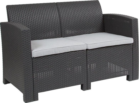 Flash Furniture Dark Gray Faux Rattan Loveseat with All-Weather Light Gray Cushions - DAD-SF2-2-DKGY-GG