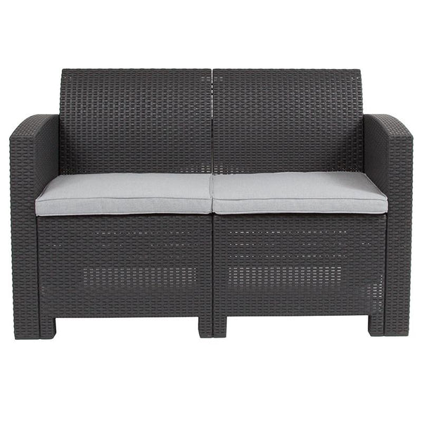Flash Furniture Dark Gray Faux Rattan Loveseat with All-Weather Light Gray Cushions - DAD-SF2-2-DKGY-GG
