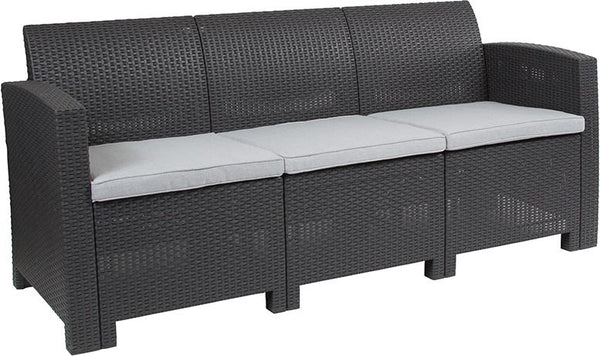 Flash Furniture Dark Gray Faux Rattan Sofa with All-Weather Light Gray Cushions - DAD-SF2-3-DKGY-GG