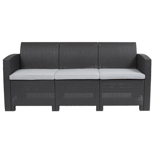 Flash Furniture Dark Gray Faux Rattan Sofa with All-Weather Light Gray Cushions - DAD-SF2-3-DKGY-GG