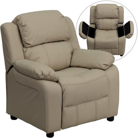 Flash Furniture Deluxe Padded Contemporary Beige Vinyl Kids Recliner with Storage Arms - BT-7985-KID-BGE-GG