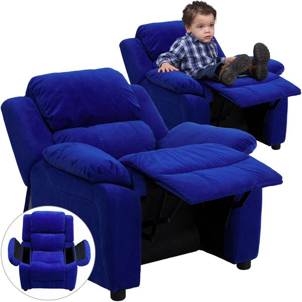 Flash Furniture Deluxe Padded Contemporary Blue Microfiber Kids Recliner with Storage Arms - BT-7985-KID-MIC-BLUE-GG
