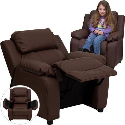 Flash Furniture Deluxe Padded Contemporary Brown Leather Kids Recliner with Storage Arms - BT-7985-KID-BRN-LEA-GG