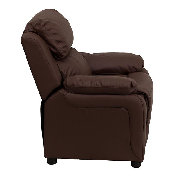 Flash Furniture Deluxe Padded Contemporary Brown Leather Kids Recliner with Storage Arms - BT-7985-KID-BRN-LEA-GG