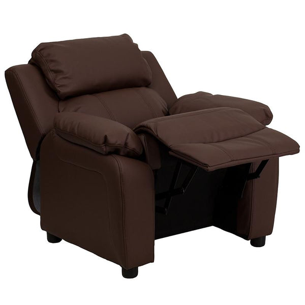 Flash Furniture Deluxe Padded Contemporary Brown Leather Kids Recliner with Storage Arms - BT-7985-KID-BRN-LEA-GG