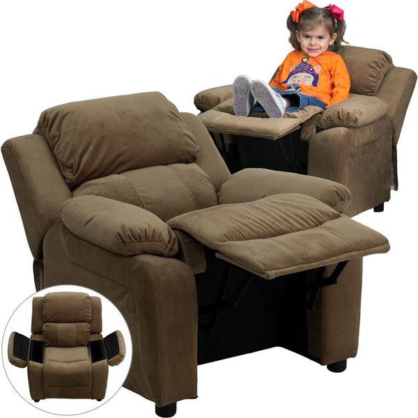 Flash Furniture Deluxe Padded Contemporary Brown Microfiber Kids Recliner with Storage Arms - BT-7985-KID-MIC-BRN-GG