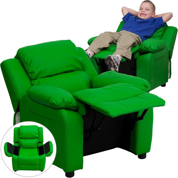 Flash Furniture Deluxe Padded Contemporary Green Vinyl Kids Recliner with Storage Arms - BT-7985-KID-GRN-GG