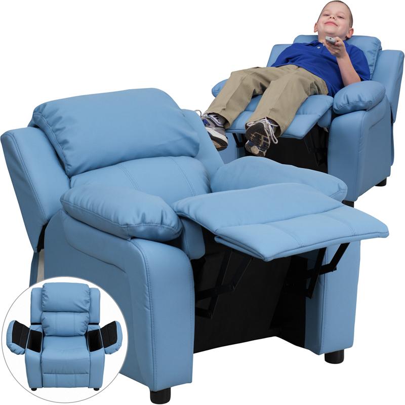 Flash Furniture Deluxe Padded Contemporary Light Blue Vinyl Kids Recliner with Storage Arms - BT-7985-KID-LTBLUE-GG