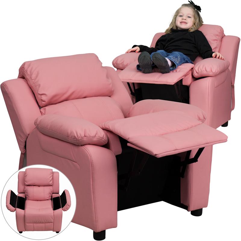 Flash Furniture Deluxe Padded Contemporary Pink Vinyl Kids Recliner with Storage Arms - BT-7985-KID-PINK-GG