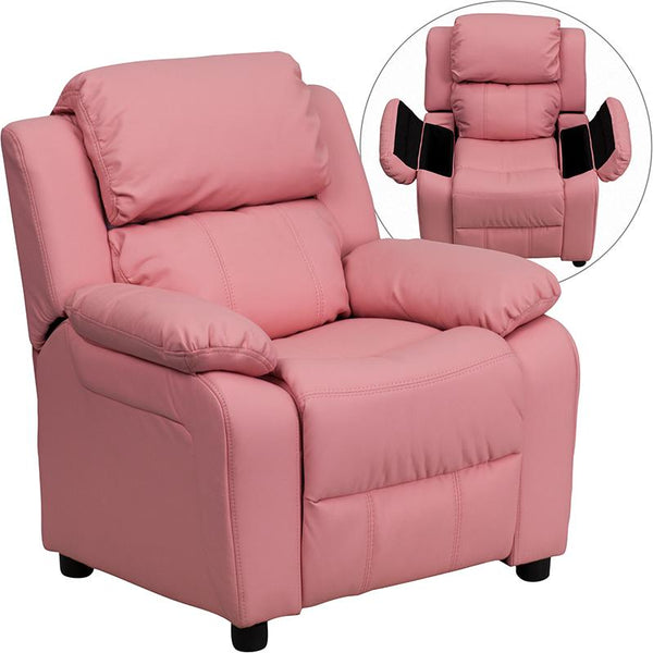 Flash Furniture Deluxe Padded Contemporary Pink Vinyl Kids Recliner with Storage Arms - BT-7985-KID-PINK-GG