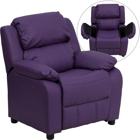 Flash Furniture Deluxe Padded Contemporary Purple Vinyl Kids Recliner with Storage Arms - BT-7985-KID-PUR-GG