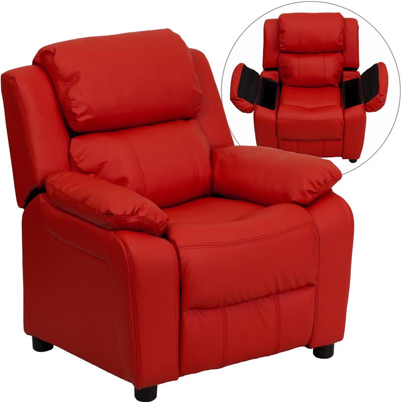 Flash Furniture Deluxe Padded Contemporary Red Vinyl Kids Recliner with Storage Arms - BT-7985-KID-RED-GG