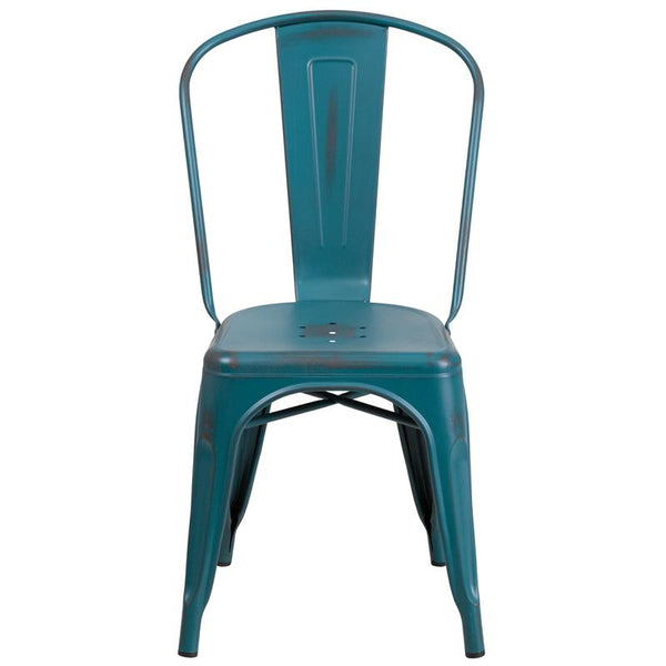 Flash Furniture Distressed Kelly Blue-Teal Metal Indoor-Outdoor Stackable Chair - ET-3534-KB-GG