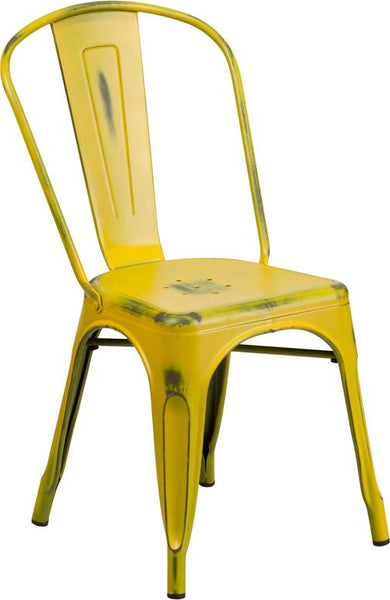 Flash Furniture Distressed Yellow Metal Indoor-Outdoor Stackable Chair - ET-3534-YL-GG
