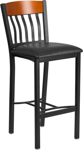 Flash Furniture Eclipse Series Vertical Back Black Metal and Cherry Wood Restaurant Barstool with Black Vinyl Seat - XU-DG-60618B-CHY-BLKV-GG