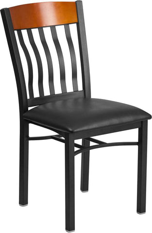 Flash Furniture Eclipse Series Vertical Back Black Metal and Cherry Wood Restaurant Chair with Black Vinyl Seat - XU-DG-60618-CHY-BLKV-GG