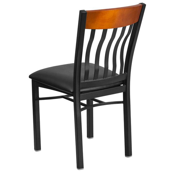 Flash Furniture Eclipse Series Vertical Back Black Metal and Cherry Wood Restaurant Chair with Black Vinyl Seat - XU-DG-60618-CHY-BLKV-GG