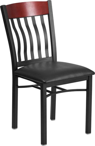 Flash Furniture Eclipse Series Vertical Back Black Metal and Mahogany Wood Restaurant Chair with Black Vinyl Seat - XU-DG-60618-MAH-BLKV-GG